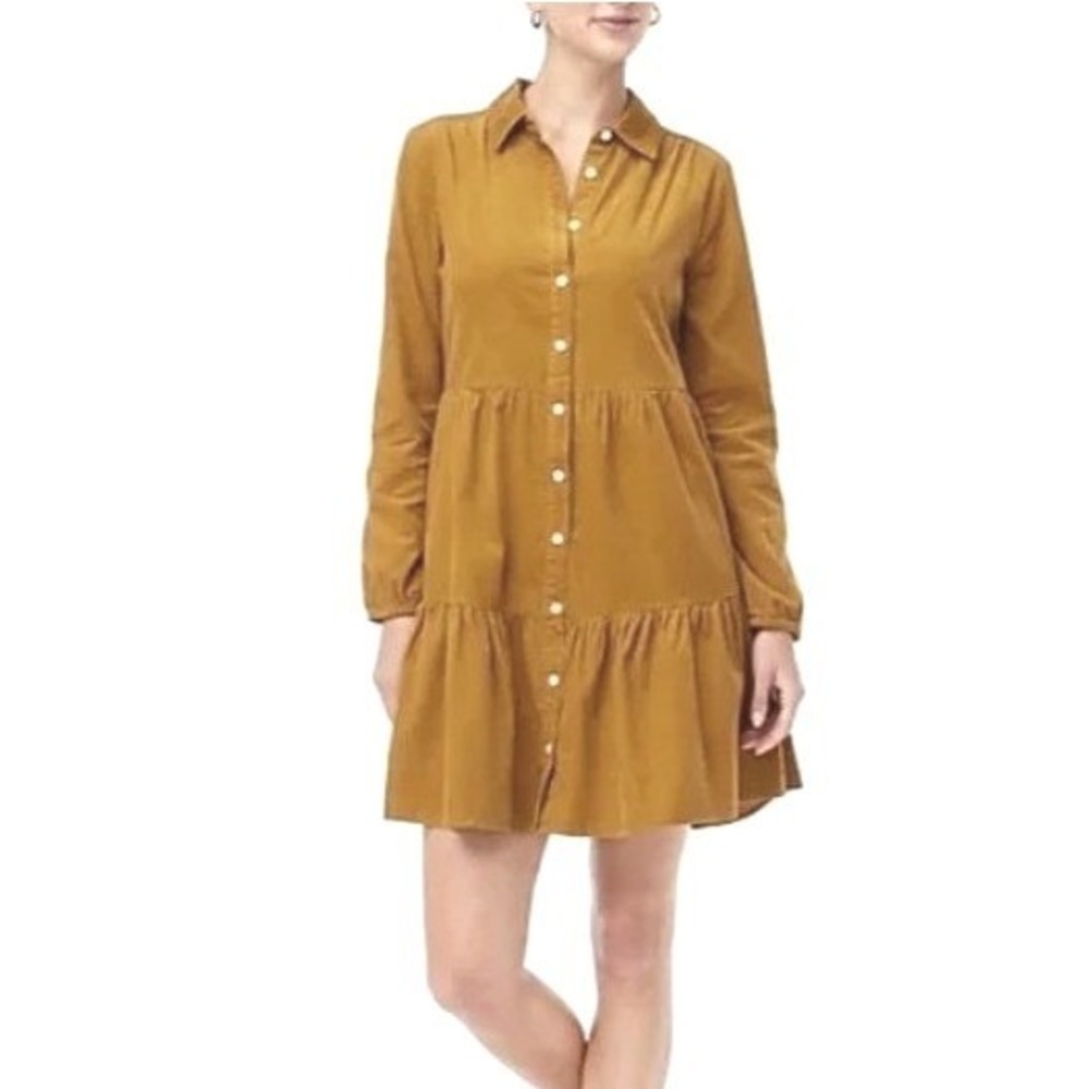 J. Crew Tiered Golden Mustard Long Sleeve Corduroy Collared Mini Shirtdress - 10